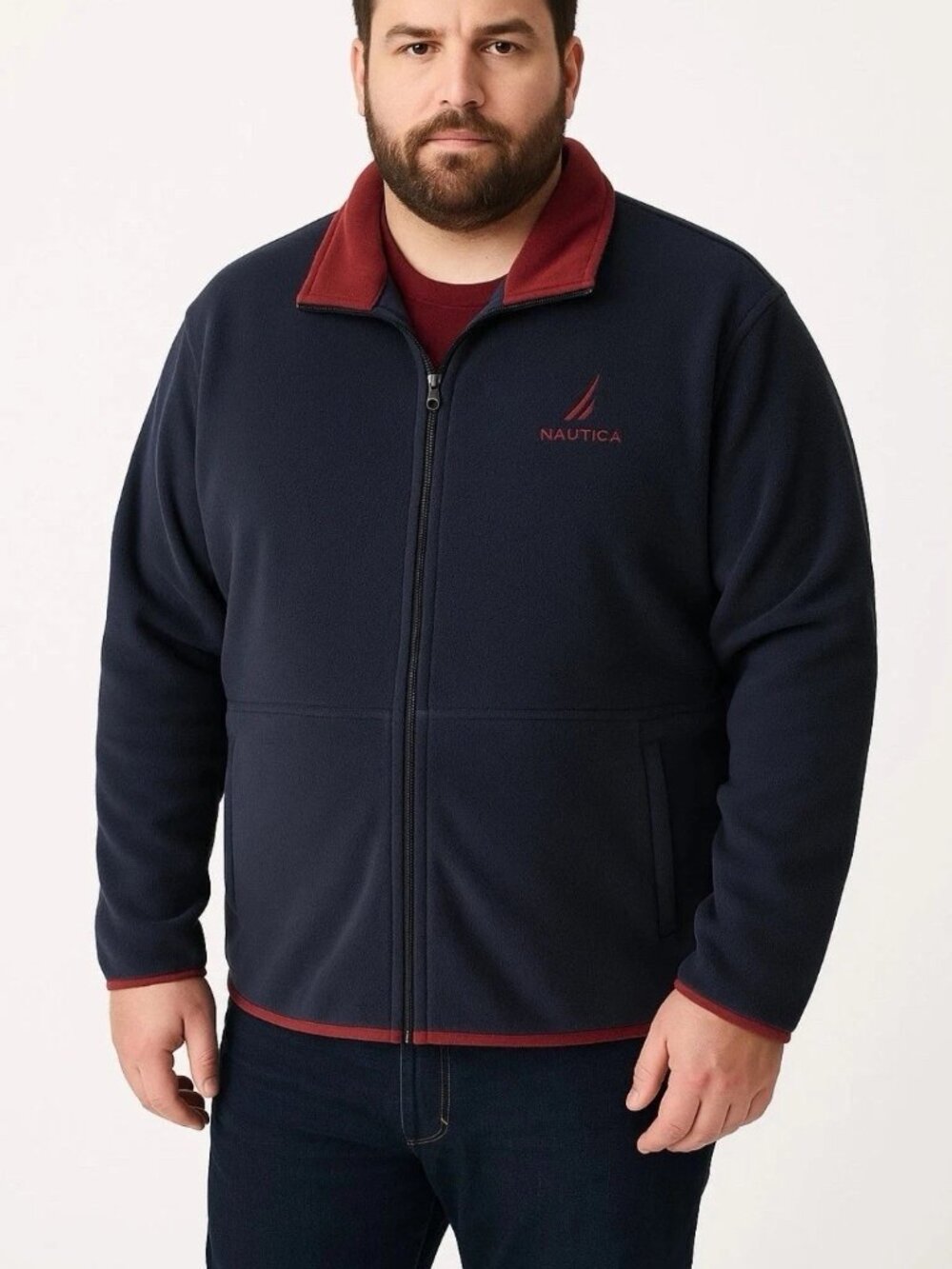 Nautica Men’s Full Zip Fleece Jacket Navy / Maroon Pockets Size XXL